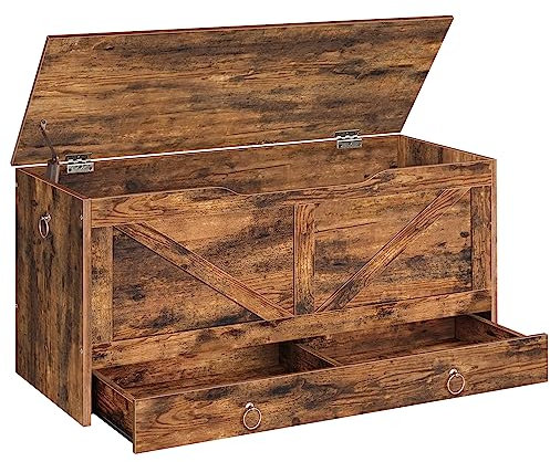 HOOBRO Storage Chest, Wooden Storage Bench, Blanket Storage Box with Drawer, Large Toy Chest, Shoe Storage Bench, Farmhouse Storages Trunk, 100 cm, U-Shaped Opening, Rustic Brown EFG710CW01G1
