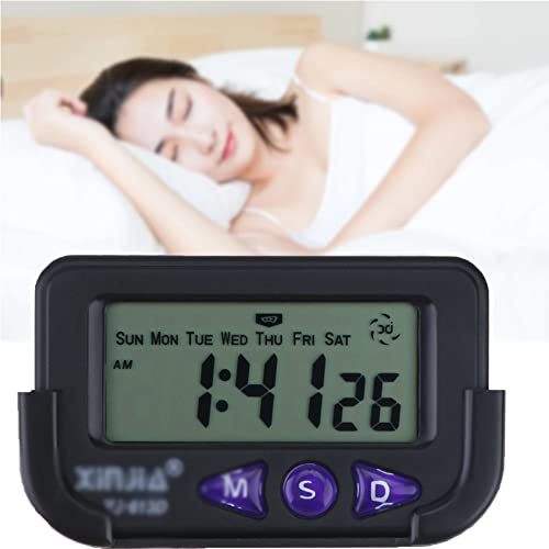 Riloer Horloge électronique de voiture, chronographe de bureau de tableau de bord avec pavé adhésif pour véhicule Home Office Travel, LCD Digital Clock ABS Mini Car Watch, Noir 72 x 44 x 27 mm