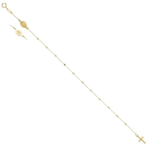 JC Schmuck | Damen Rosenkranz-Armband mit Mutter Maria in 585 Gelbgold I Kugel Armband mit Kreuz Goldarmband Ankerkette | Länge 19 cm | 8431