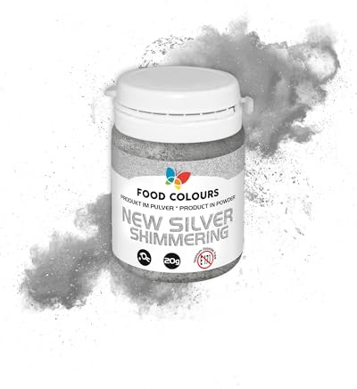 Food Colours Lebensmittelfarbpulver mit metallischem Effekt, essbarer Farbstoff NEW SILVER SHIMMERING 20G – ideal für die Dekoration von Kuchen, Torten, Zuckerpasten, Keksen und Getränken.