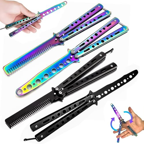 Couteau Papillon d'Entraînement : Ensemble 4 Couteaux Papillon Lame Non Aiguisée avec Peigne Papillon Acier Inoxydable pour l'Entraînement Balisong Idéal pour les Débutants qui Pratiquent les Figures
