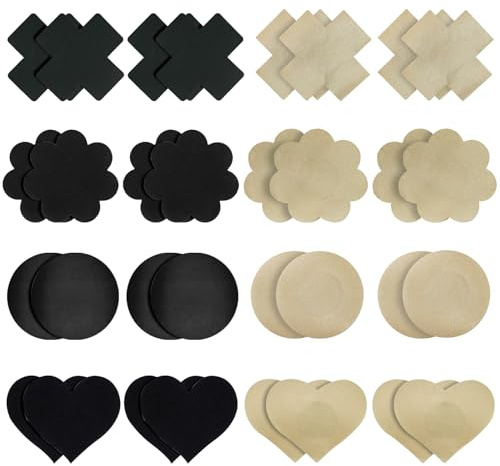 32 PCS Cache-tétons Invisible, Buste pétales Satin Buste Manches Autocollants mamelons Autocollants Patch Buste Respirant pour Noir et Teint (Coeur, Rond, Marguerite, Croix)