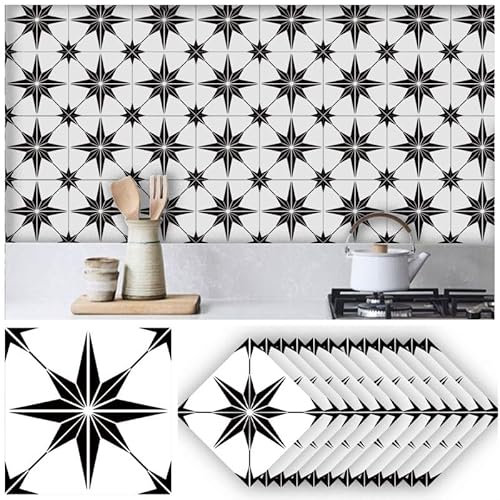 12pcs 15 ×15cm Neukids Black and White Tile Stickers Classic Eight-Pointed Star, Peel and Stick Adhesive Tiles,Bathroom Laundry RV Panels Fireplace Cooker Kitchen Backsplash Self Adhesive