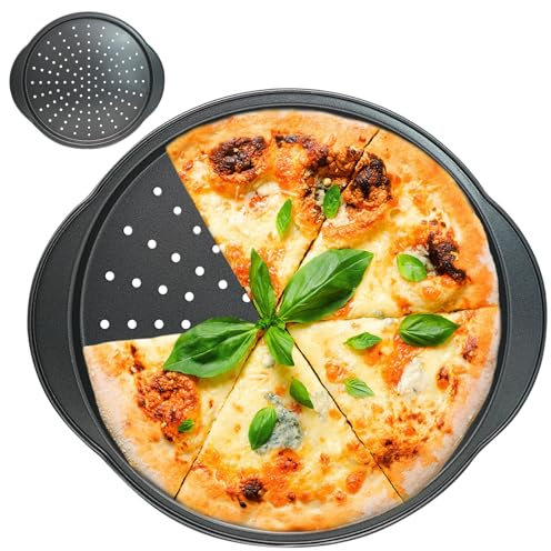 JJYHEHOT Non Stick Pizza Baking Tray for Oven, 13 Inch Round Pizza Pan with Holes and Handle, Carbon Steel, Dishwasher Safe, Easy to Clean