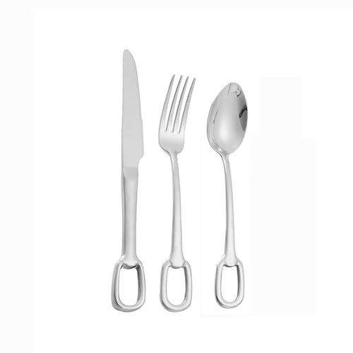 Kitchen Circular Hanging Hole Handle Stainless Steel Silverware Tableware Flatware Cutlery Set Steak Knife Fork Spoon Teaspoon (Silver,3 Pieces)