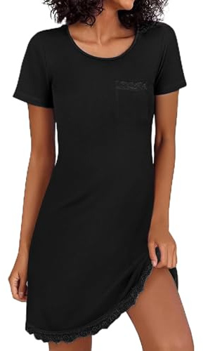 Demegimi Camicia da Notte Donna Estiva in Cotone - Girocollo Manica Corta con Elegante Bordo in Pizzo - Vestito da Casa Leggero e Traspirante con Taschino