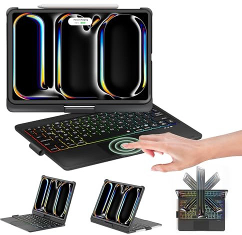 NOKBABO for iPad Pro M4 11 inch case with Keyboard 2024,Rainbow Backlight, Built-in Trackpad, 360°Rotatable & Pencil Holder, Compatible with iPad Pro 11 m4 Keyboard case - Black