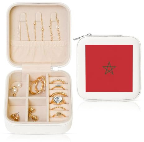MYGANN Schmuck-Organizer mit Flagge von Marokko, tragbar, quadratisch, Leder, für Damen, Ringe, Armbänder, Halsketten, Geschenkboxen, Weiß