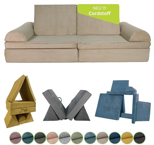 Pillows24 Kindersofa mit Schlaffunktion | Weiches Spielsofa aus Cordstoff | Bequemes Kinder Sofa mit abnehmbaren Bezügen | Ergonomische Kindercouch für Spielzimmer – Fancy Spielsofa für Kinder