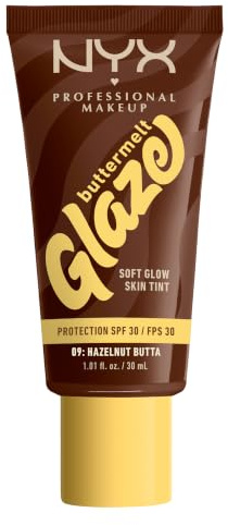 NYX Professional Makeup Foundation für alle Hauttypen, Mit Sheabutter, Mangobutter und Niacinamide, LSF 30 gegen UVA- und UVB-Strahlen, Buttermelt Glaze, Farbton: 09 Hazelnut Butta