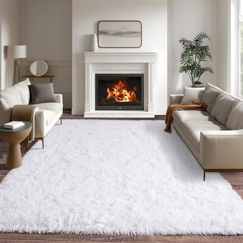 HOKXUAN Teppich Wohnzimmer Waschbar 150 x 250 cm Kurzflor,Anti-Rutsch Rückseite Shaggy Hochflor Teppich Flauschig-Weiche Teppiche Modernes Einfarbiges Design für Küche, Schlafzimmer, Weiß