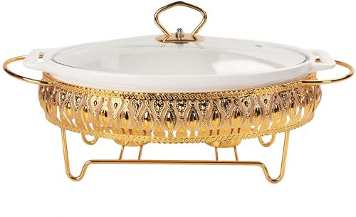 jinsongdafa Porcelain Oval Casserole Baking Dish with Glass Lid and rack, 1200 ML Serving Soup Tureen, Chafing Dish for Buffet, food preserve Tray, Catering Casserole for Party Style