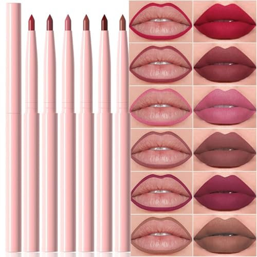 Lot de 6 crayons à lèvres automatiques, finition mate veloutée, résistants aux bavures, longue durée pour le plumping, le contour et le maquillage naturel des lèvres