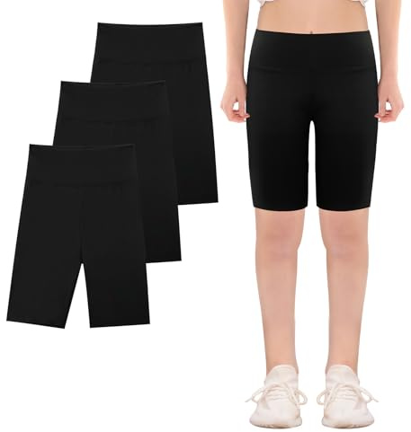KAKU NANU 3 Pack Girls Shorts Cycling Knee Length Quick Dry 5-13 Years | Black Grey Blue Pink,High Waist,Long Short,Under Dress Short,Super Stretchy,Lightweight Breathable,Daily or School