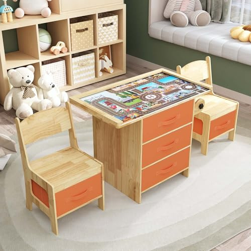 Timechee Pine Wood Kids Table and Chair Set 3 in 1 Wooden Toddler Table with Storage, Children's Drawing Reading Desk, with Drawers & Storage Baskets, Natural
