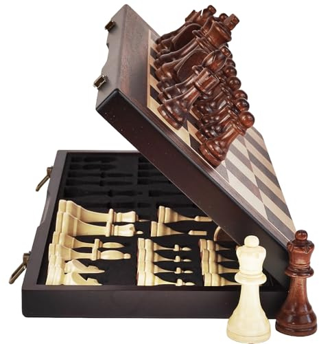 Ludoore 17 Magnetic Wooden Chess Set - Large Folding Portable Travel Chess Board - Hand Carved Pieces - Foam Storage Slots - 2 Extra Queens - Tournament and Beginner Play - Adults and Kids