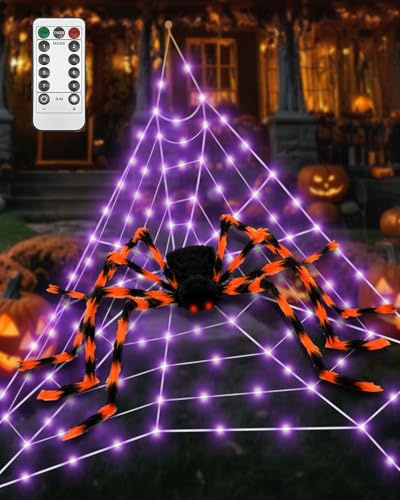 Halloween Decorations, 50’’ Giant Spider, 16.4FT Led Spider Web Lights with Romote Control, 20pcs Spiders & 40g Cobweb Props, 8 Modes Lights & Timer, for Indoor Outdoor Scary Haunted House Party Yard