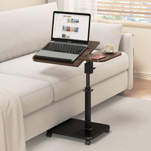 YUTVCZO Beistelltisch mit Rollen Höhenverstellbar, Holz Couch Beistelltische c Form 360° Rotierend, Top Kippbar Laptop-Ständer TV-Tisch für Sofa Bett, Klein Couchtisch für Wohnzimmer (Nussbaum)