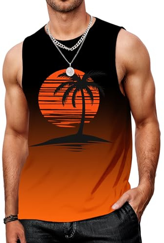 MARZXIN Tank Top Herren Ärmelloses Hawaii Printed Muskelshirts Gym Unterhemd Atmungsaktive T-Shirt Schwarz Orange M
