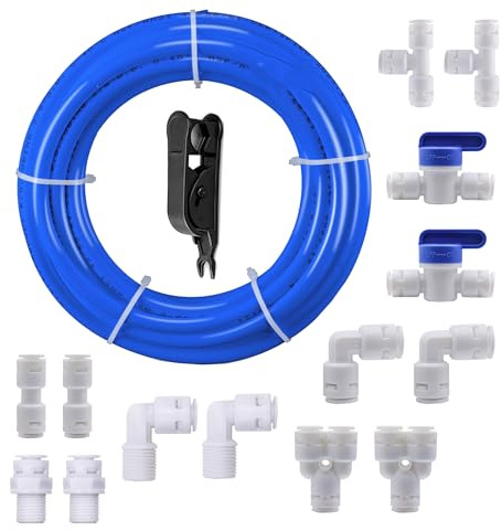 HUAZIZ Juego de conexión universal de 10 metros, color azul, 14 unidades de filtro de agua RO para manguera de 3/8 pulgadas de 9,53 mm, manguera de frigorífico, manguera de agua (Y+T+I+LType+válvula