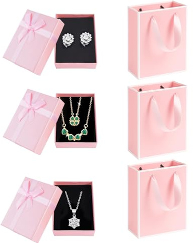 3Pcs Small Jewelry Boxes with 3 Gift Bag, Jewelry Gift Box with Ribbon for Earrings Necklaces, Container Soft Velvet Small Box with Lid for Birthday, Wedding - Earring, Ring, Necklace(Pink)