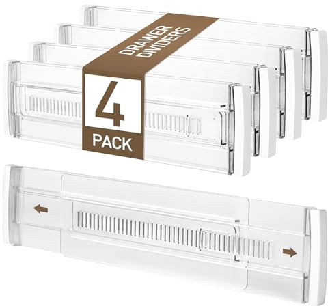 Aurinovellia 4 Pezzi Divisori per Cassetti Regolabili, alti 8cm, Regolabile da 28,5 a 50,5 cm, Cassetti in Trasparente Separatori, Divisori per Cassetti in Plastica per Camera da Letto Bagno Cucina