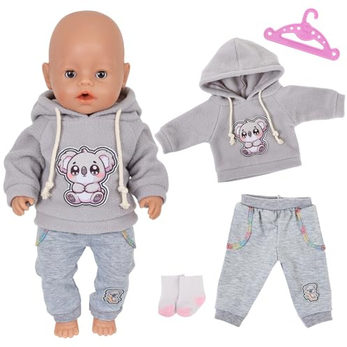 4 Stück Puppenkleidung für 14–18 Zoll große Babypuppen, 35-45cm Baby Puppen Outfits mit Koala, 43cm Süße PuppenKleidung Zubehör mit grau Koalahoodie + Hose + Socken + Kleiderbügel