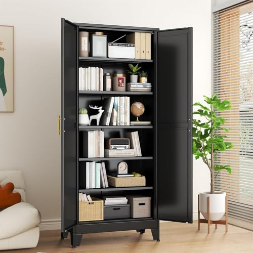 Generisch 180,34 cm hoher metallener Küchenvorrats-Schrank, Aufbewahrungs-Schränke mit verstellbaren Füßen und Regalen, Vorratsschrank für Küche, Wohnzimmer, Waschküche und Esszimmer (schwarz)