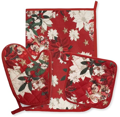Set Guantone Presina e Strofinaccio Natalizi da Cucina 3 pezzi in 100% Cotone – Fantasie con Babbo Natale e Renne – Accessori da Forno Idee Regalo Natale
