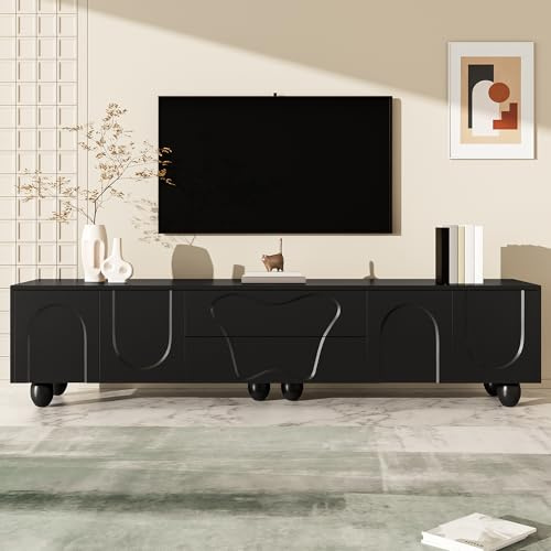 Merax TV-Schrank 180x40x42 cm, mit Holzbeinen, Moderner Fernsehtisch mit großem Stauraum, Schubladen und offenen Fächern, für Wohnzimmer, Schwarz