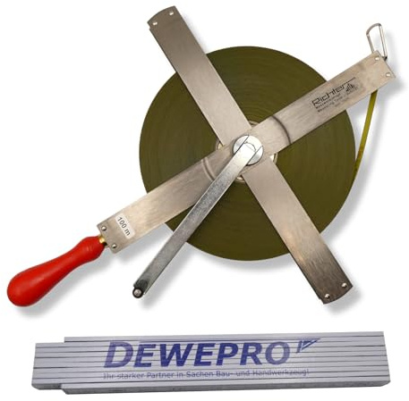 Richter Stahlbandmaß METRI-POLYSAN 13mm breit mit Kreuzrahmen Typ K - Länge: 100m - Maßband mit Polyamid ummantelt - Maßanfang A - cm-Teilung - im Set inkl. 1 St. DEWEPRO Zollstock 2m