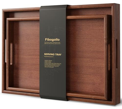 Fibogollo 2er Set Bambus Serviertablett, Deko Tablett Serviertabletts mit Griffen,Groß Küchentablett Servierplatten für Frühstück Geschirr Getränke(Braun)