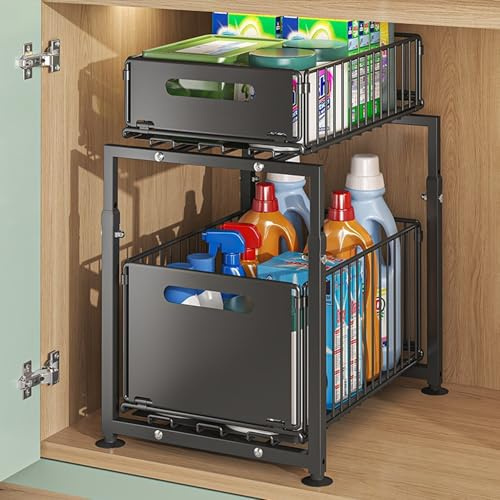 Earning Power Under Sink Storage, Kitchen Cupboard Organiser 2 Tier, Detachable Metal Wire Storage Baskets, Drawer Type Cupboard Storage Rack for Pantry, Countertops, Cabinet (Black)