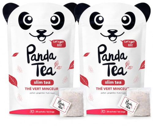 Panda tea - Slim tea - Lot de x2 - Framboise Gingembre - Thé vert bio detox & perte de poids - 28 Sachets Mousselines - Thé vert, Maté, Poudre de guarana - Cure thé minceur brule graisse 28 Jours