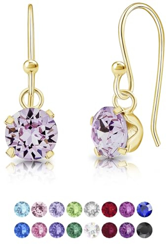 Pendientes Mujer Colgantes Plata de Ley 925 Chapados Oro 24K con Brillantes de Cristal Violeta 6 mm - Joyería Regalo Mujer Oro - Clásicos, Elegantes, Dorados y Hipoalergénicos