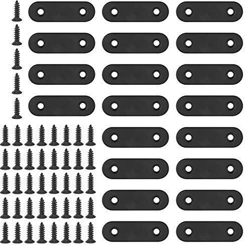 Glarks 20 juegos de placa de unión de esquina recta plana de 50 mm en negro soporte de metal para conector de reparación y fijación con 45 piezas de tornillos para muebles de madera (50x2 mm)