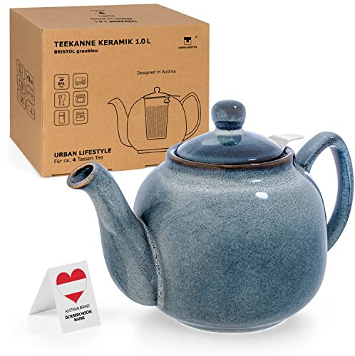 Teekanne Bristol mit Siebeinsatz – schattierte Glasur, handglasiert (Graublau, inkl. Filter) – Teapot English Classic Style 1L – Teekanne aus Edelkeramik, A-B Ware mit möglichen Glasurfehlern