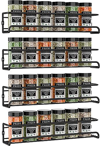 Spice Racks Organiser - 4 Tier Hanging Stainless Steel Wall Mounted with Adhesive Stickers & Screws Kitchen Pantry Shelf for Spices and Condiments, Jars (Black)