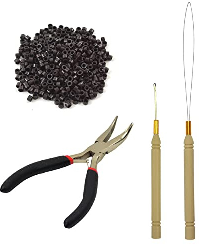 Hair Extensions Pliers Tool Kit Hair Pliers Pulling Hook Bead Device Loop Threader and 500pcs 5.0mm Silicone Lined Micro Rings (Dark Brown)