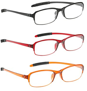 NRDIK PROFLEX SpareSpecs Lesebrillen (3er-Pack) – leicht, schlagfest, kratzfest, biegsam, flexibel, rutschfest, Unisex (Herren + Damen) (Oval; BLK, RED, BRN; +2,5)