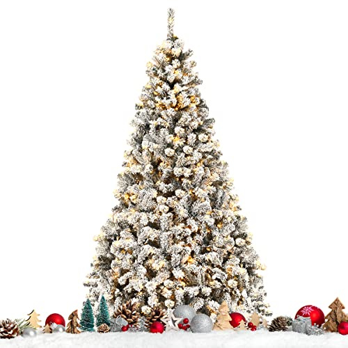 COSTWAY Arbre de Noël Enneigé Artificiel 225 CM, Sapin Floqué avec 450 LED et 1010 Branches, PVC avec Socle en Métal, Idéal pour Décoration