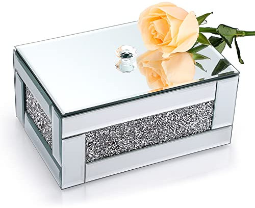 BTSKY Verspiegelte Glas-Schmuckschatulle zum Dekorieren mit zerkleinerten Diamanten, Schmuck-Organizer, Aufbewahrungsbox für Schlafzimmer und Kommode (Silber)