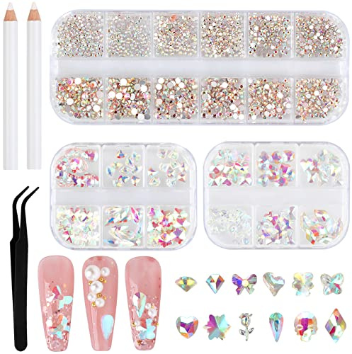 Strasssteine Nägel, 1560Pcs Glitzersteine Flache Rückseite Kristall Gems | Rhinestones mit Dotting Pen und Pinzette, Steinchen für Nageldesign, Handwerk, 3 Kartons