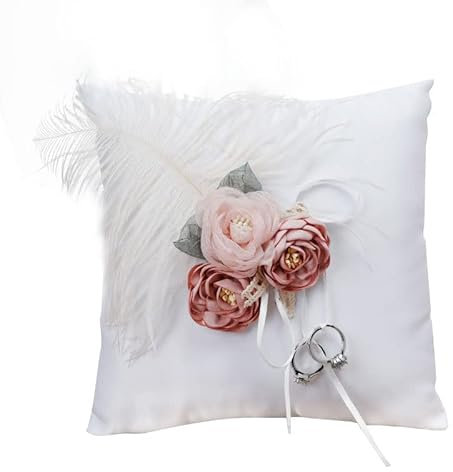 DRYEN Ringkissen für Hochzeitsringe, 20 x 20 cm, elfenbeinfarben, Ringträger, Kissen für Hochzeit, Party, mit elfenbeinfarbenem Stoff, Rosen-Deko, Ringhalter