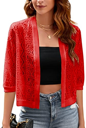 FindThy Women’s Casual Summer Lace Cardigan Open Front 3/4 Sleeve Solid Lace Shrug Cover Up(0922-Red-M-aLB)