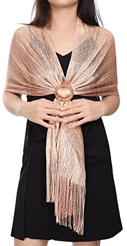heekpek Stola Damen Festlich Umhang Schal Damen Elegant Lang Schal Weiches Umschlagtuch Glitzer mit Quasten für Brautkleider Abendkleider, Roségold