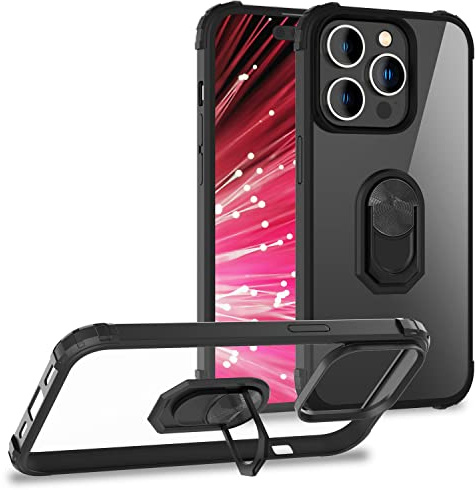 NALIA Klare Ringhülle kompatibel mit iPhone 14 Pro Max Hülle, Transparent Kratzfest Anti-Gelb Fallschutz, 360° Ring für Standfunktion & KFZ-Halterung, Harte Rückseite & Silikon-Rahmen, Farbe:Schwarz