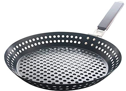 MEETOZ Non-Stick Barbecue Skillet, Folding Wooden Handle BBQ Pan with Holes Grilling Pans Grill Accessories Cooking Tools, 12 Inches