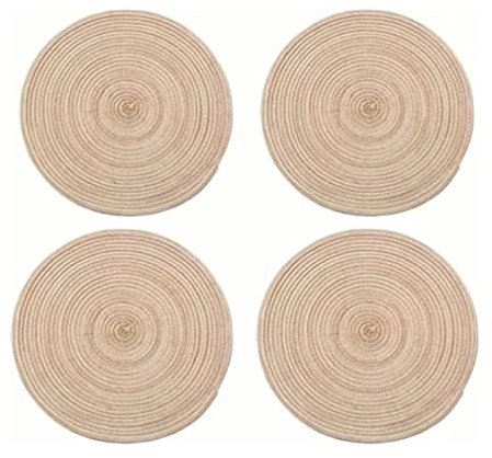 Juego de 4 Manteles Individuales Redondos de Yute, Juego de Manteles Gruesos Antideslizantes Tejidos a Mano, Resistente Al Calor, Trenzado de Cocina, Placas Resistentes Al Calor, (Caqui)