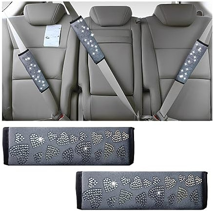 JNNJ 2 pcs Cuscinetti per Cintura di Sicurezza in Pelle Diamantata, Protezione Antiscivolo per Cinture di Sicurezza Dell'auto, Accessori Cintura di Sicurezza Auto per Donna（Grigio）